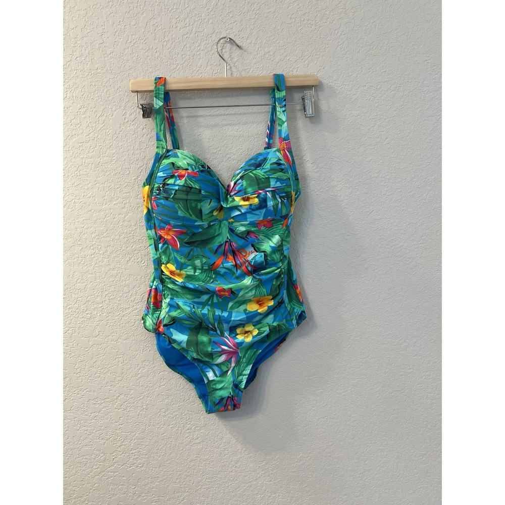Nip Tuck Swimsuit Blue Green Floral One Piece Size 8 Ruched Slimming Resort